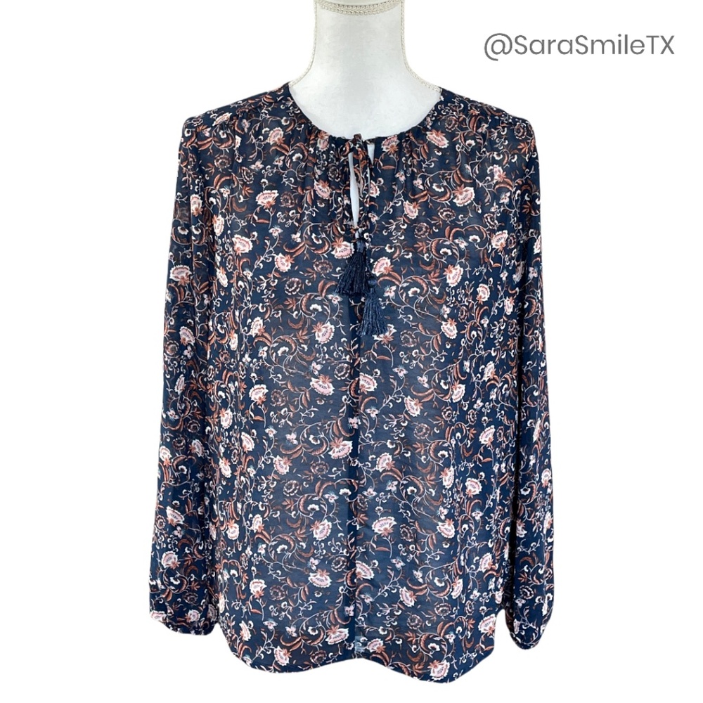 WAYF Navy Floral Print Tassel Tie Long Sleeve Peasant Top